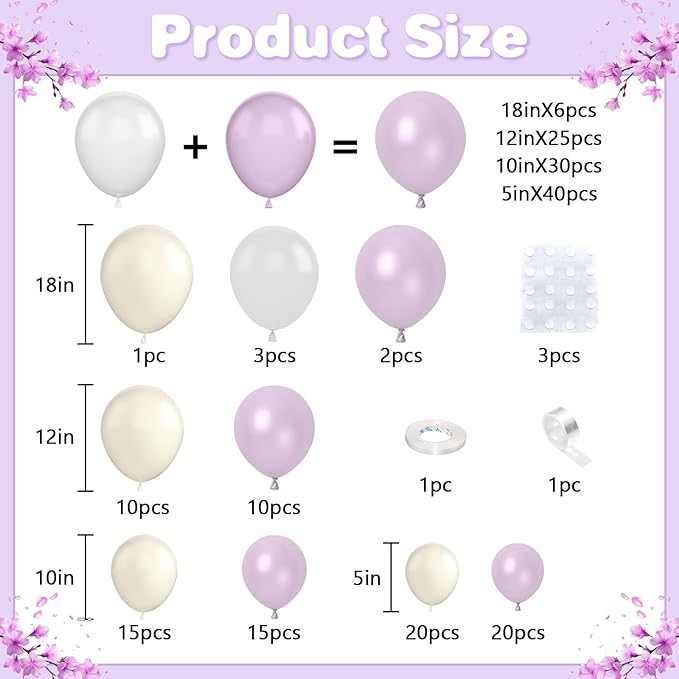 Pearl Purple Balloon Arch Kit, Double Stuffed Lavender Sand White Balloon Garland Different Sizes 18/12/10/5 Inch Pearl Balloons for Wedding Bridal Shower Anniversary Birthday Party Decor