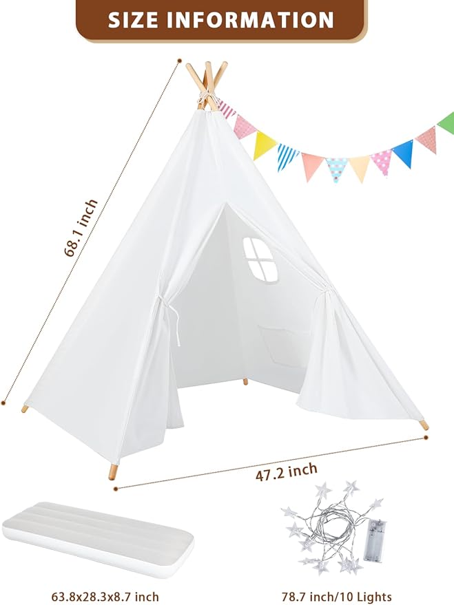 2 Pack Teepee Tent for Kids with Inflatable Airbed, Light, Indoor Toddler Sleepover Tents Children Room Tents for Slumber Party, Outdoor Kids Play Tent Play House for Girls & Boys