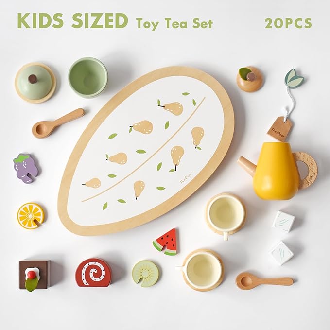 PairPear Wooden Toys Tea Party Set, Toddler Tea Set for Little Girls, Kids Pretend Play Kitchen Accessories, Wooden Play Food Toys Gift for Girls Boys 3 Y+