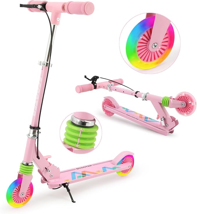 TENBOOM Scooter Kids Scooter with Handbrake, Toddler Scooter Scooters for Kids 3+, Light up LED Wheels Toys for Kids, Adjustable Handlebar, Foldable Scooter for Kids