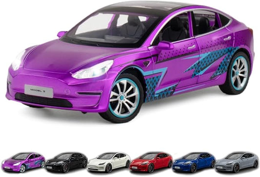 1/24 Scale Diecast Car Model 3, Alloy Diecast Toy Cars Pull Back Toys with Sound & Light, Vehicles Toys for Kids Gift Car Lovers Collection (1/24 Model 3 -Purple)