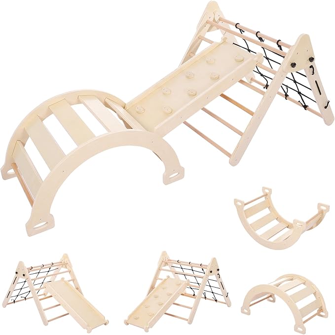 Toddler Indoor Gym Playset, 3-in-1 Wooden Climbing Toys, Triangle Folding Climbing for Climbing & Sliding for Boys and Girls,18M+