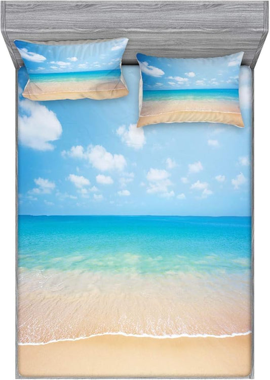 Ambesonne Ocean Fitted Sheet & Pillow Sham Set, Dreamy Hot Tropical Sea Coast with Soft Waves and Sunny Sky Landscape Nature Life, Decorative Printed 3 Piece Bedding Decor Set, Full, Beige Aqua