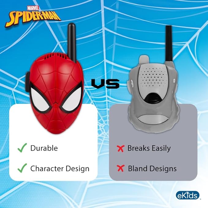eKids Spiderman Walkie Talkies for Kids, Static Free and Extended Range, Indoor and Outdoor Toys Designed for Fans of Spiderman Toys