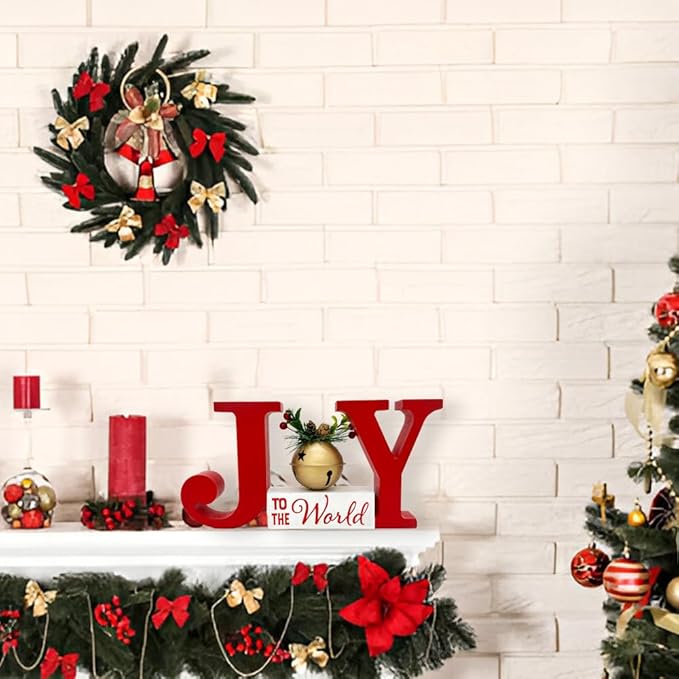 Christmas Decorations for Home Red JOY Bell Decor Farmhouse Wooden Holiday Sign Winter Rustic Vintage Block Xmas Tabletop for Kitchen Xmas Party Mantel Tiered Tray Gift Indoor Outdoor