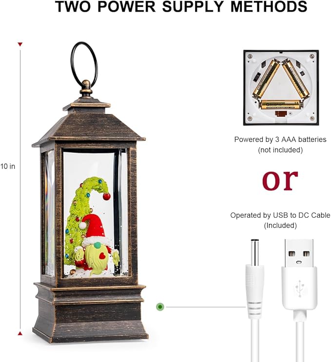 10'' Christmas Gnomes Snow Globe Lantern Lighted Whimsical Christmas Tree & Santa Elf Musical Water Lantern Swirling Glittering Home Decoration and Gift, Battery Operated or USB Powered