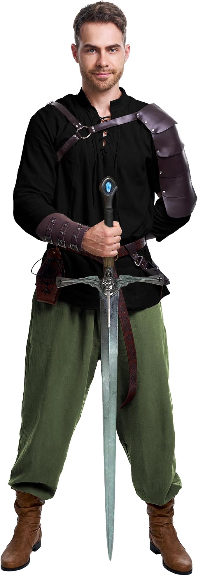 8 Pcs Men's Renaissance Costume Halloween Medieval Pirate Shirt Pant Viking Costume Accessories Set