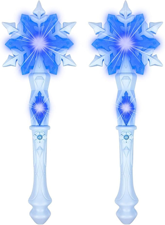 KingGlee Light Up Frozen Snowflake Wands with Sound(Motion Sensitive) Magic Toy for Kids Girls Princess Party Favors Costume Cosplay Accessories Blue 2 Pieces