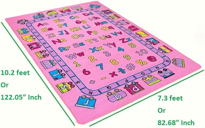 Mybecca Kids Rug ABC Fun in Pink Area Rug7' feet 2" inch 10' ft (7'2" X 10')(239cmx343cm) Non Slip Gel Backing
