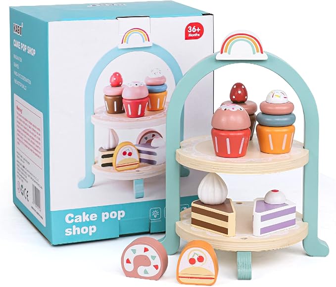 Wooden Dessert Cake Play Food Set Toys, Pretend Play Kids Tea Party Set for Little Girls Toddlers, Montessori Wooden Play Kitchen Accessories Sets for Kids