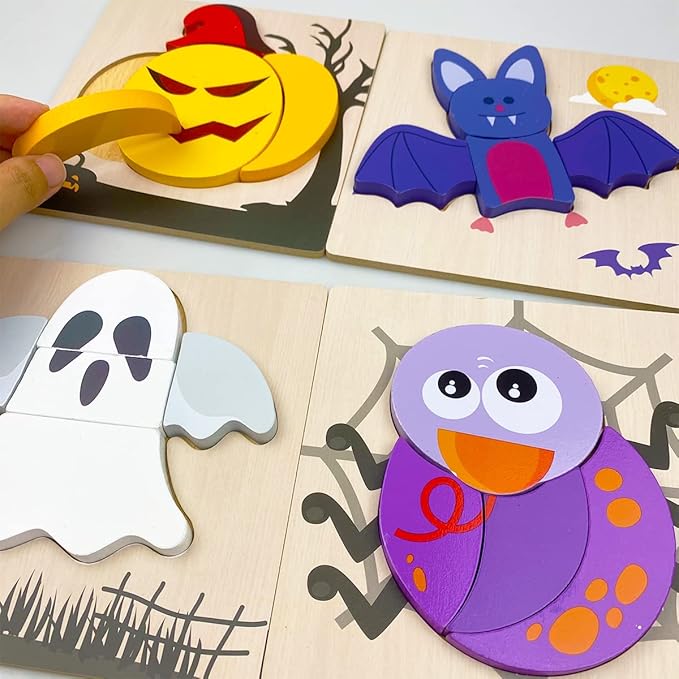 Anditoy 4 Pack Halloween Wooden Puzzles for Kids Toddlers Halloween Toys Party Favors Halloween Treat Bags Gifts