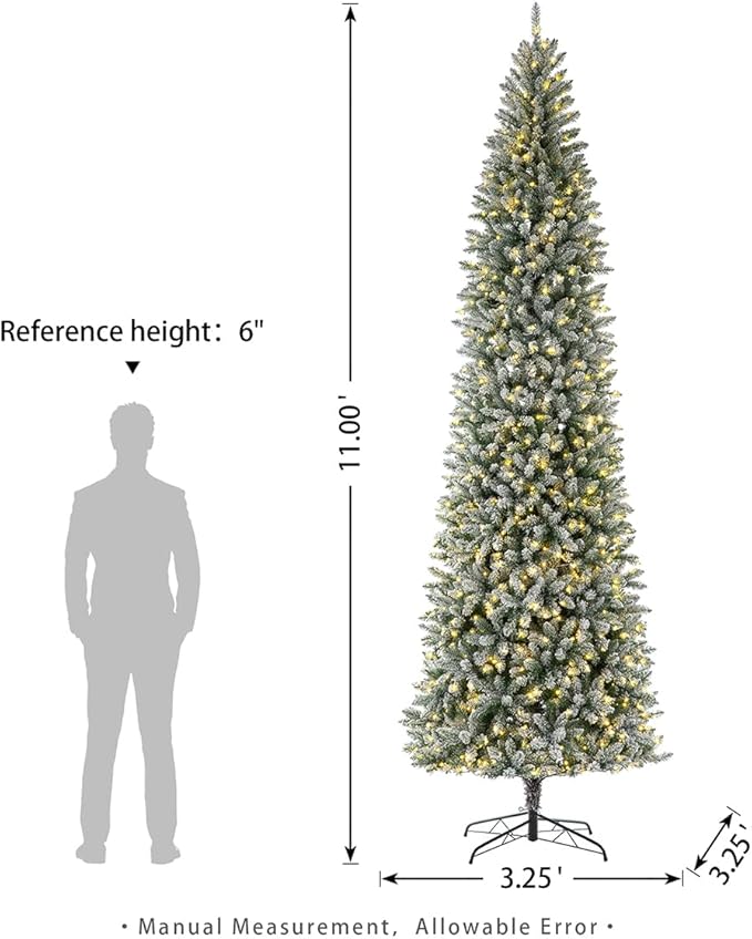 Glitzhome 11ft Artificial Christmas Tree, Prelit Christmas Tree with 950 Warm White Lights, Flocked Pencil Tree w/2836 Branch Tips, Metal Hinged & Foldable Metal Stand for Holiday Decorations