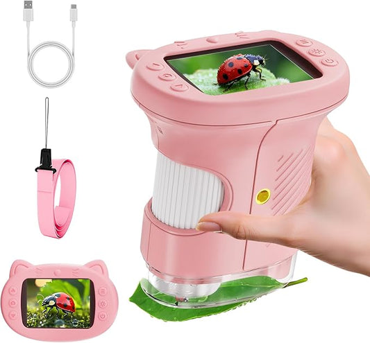 2.4" Screen Pocket Kids Microscope: 1000X Handheld Microscope for Photo and Video - Portable Science Kits STEM Toys – Christmas/Birthday Gifts for Girls & Boys Ages 3-12(Pink)