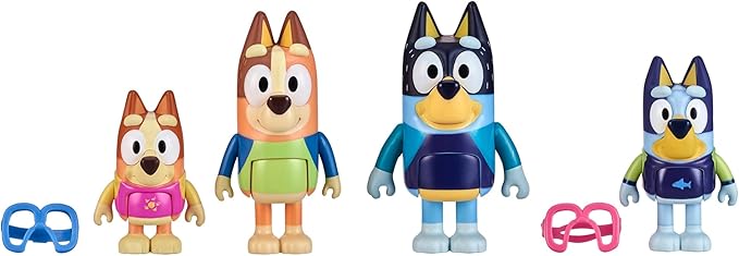 Bluey Figure 4-Pack, Family Beach Day 2.5-3 Inch, Bingo, Bandit and Chilli Character Figures with Accessories