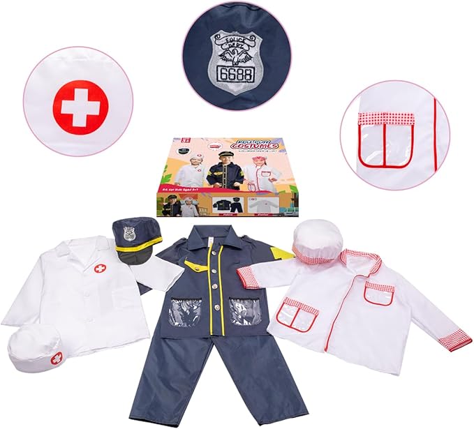 LOYO Kids Role Play Dress Up Clothes for 3-8 Years Old Play, 3 Sets Policeman/Chef/Doctor Costume for Kids And Toddlers Boys and Girls Halloween Costumes