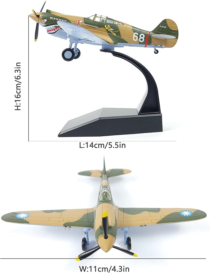 1/72 P-40C War Hawk Flying Tigers Fighter Model World War II Vintage Warplane Metal Diecast Aircraft Military Display Airplane for Display Collection or Gift, Yellow