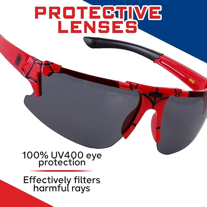 Marvel Spiderman Sunglasses for Kids - Stylish, Comfortable & Durable UV-Protective Spiderman Glasses With Soft Carrying Case