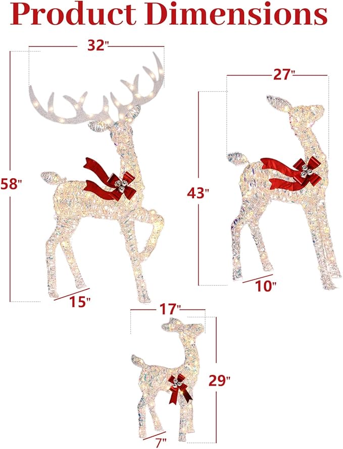 3-Piece Large Lighted Christmas Deer Family Set, 3D Reindeer Christmas Outdoor Decoration with 225 Warm White LED Lights, Ground Pegs, Cable Ties. Suitable for Patio Garden Party-Colorful