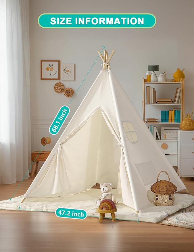 Sumbababy Teepee Tent for Kids Indoor - Natural Canvas Kids Play Tent - Washable Tipi Sleepover Tents with Lights & Carry Bag, Outdoor Toddler Tents for Girls & Boys - Foldable Playroom Gift Toys