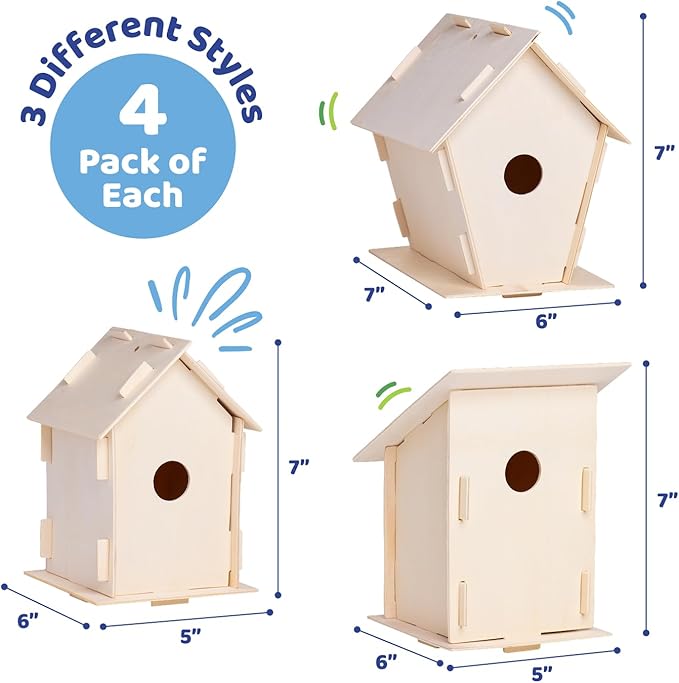 Neliblu DIY 12 Wooden Bird House Kits - Creative Arts and Crafts Set for Kids and Adults - Unfinished Wood Birdhouses with Paint Strips, Brushes, Stickers and Strings - 3 Unique Shapes, 2 Sizes