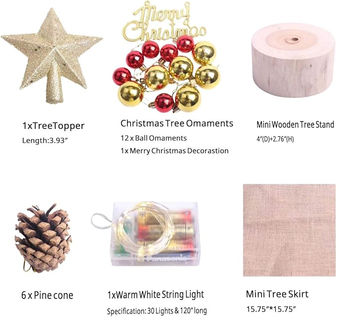 24 Inch Tabletop Mini Christmas Tree, Miniature Pine Christmas Tree with Hanging Ornaments, Battery Operated Artificial Xmas Tree, Best DIY Christmas Decorations