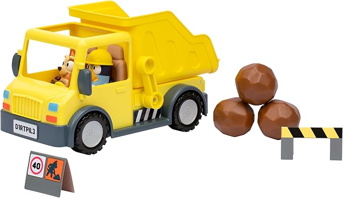 Bluey Dump Truck Toy with Hard Hat Muddy Bingo Figures | Load & Unload Rocks - Includes Safety Signs & Stickers | for Kids Ages 3+