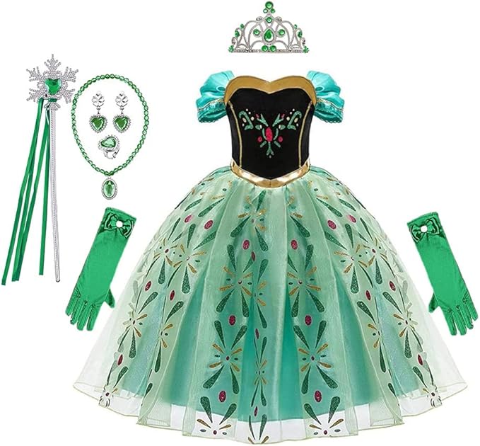 REXREII Girls Anna Princess Costume Frozen Elsa Snow Queen Dress Halloween Cosplay Xmas Birthday Party Gown (w/Accessories)