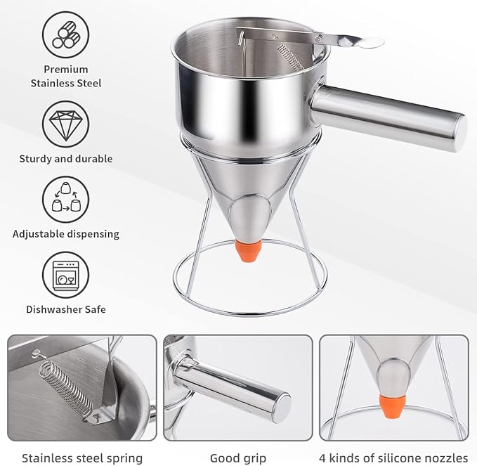 40oz Pancake Batter Dispenser, Stainless Steel Cake Dispenser with 4 Caliber Funnel & Stand, Baking Tools for Pancakes, Cupcakes & Baked Goods