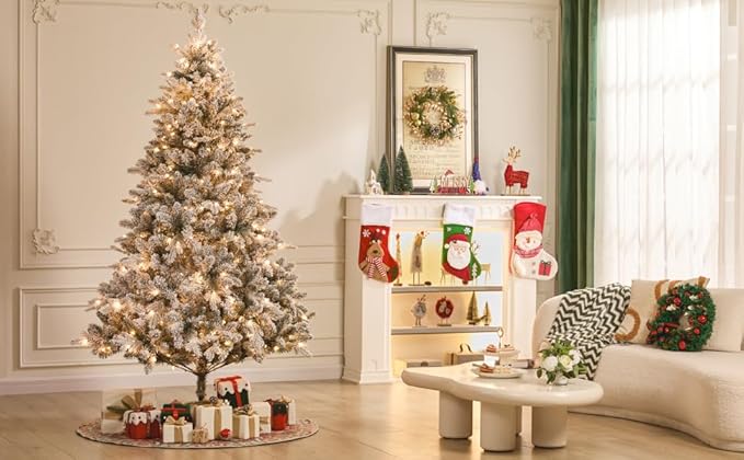 Eclolumi6.5 FT Christmas Trees with Lights, with Remote Control, Pre-Lit Green Artificial Hinged Spruce Christmas Tree with 1428 Tips, 450 LED for Home, Party Decoration (White 6.5FT)