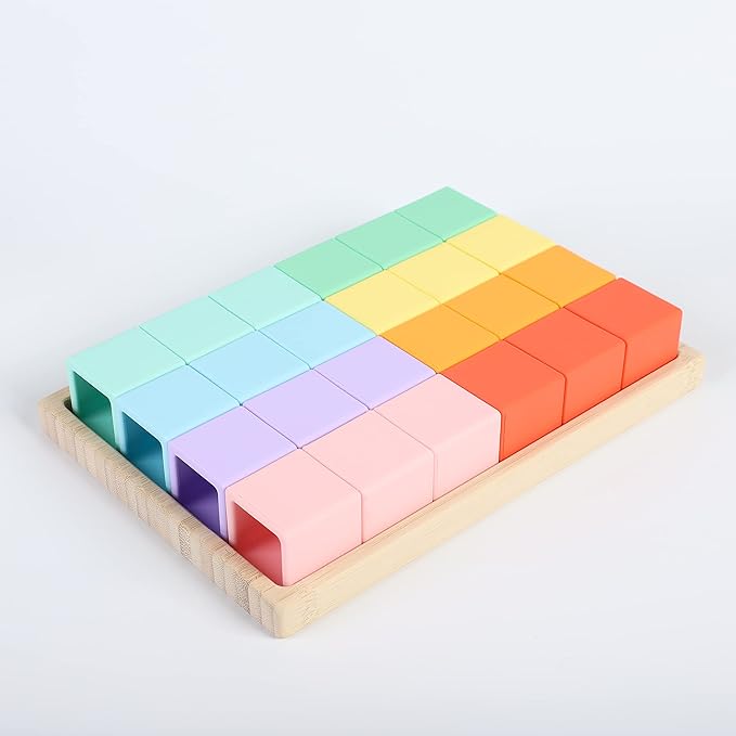 BLUE GINKGO Silicone Rainbow Blocks – [24 PC] Giftable Soft Blocks for Kids, BPA-Free Montessori Stacking Toy with Sorting Tray (Pastel)