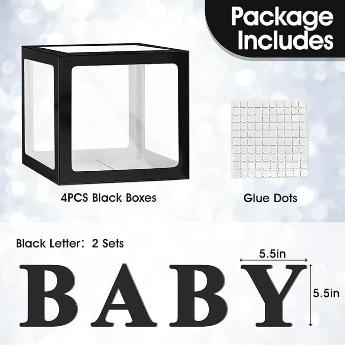 Ledido Baby Boxes with Letters for Baby Shower Decorations, 4 pcs Clear Baby Balloon Boxes Blocks for Baby Shower Decor with Letters for Boy Girl Gender Reveal Decorations Backdrop Party (Black)