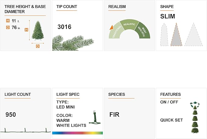 Glitzhome 11ft Pre-Lit Flocked Artificial Christmas Tree Slim Fir Tree Lighted Hinged Holiday Xmas Tree with 950 Lights Foldable Base for Home Office Party Decoration