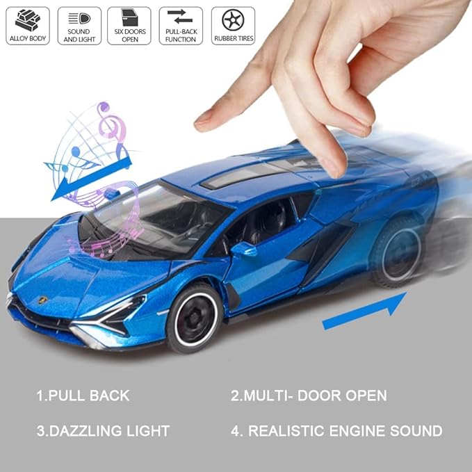 Diecast Toy Car Sian FKP37 Sports Model Car,Zinc Alloy Simulation Casting Pull Back Vehicles,1:32 Scale Supercar Toys with Lights and Music Sound for Toddlers Kids Children Boys Girls Gift (Blue)