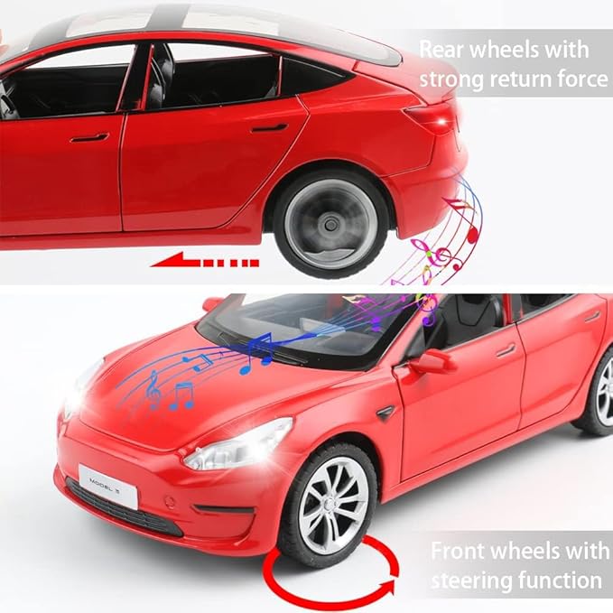 Zinc Alloy Model 3 Car, 1:24 Scale Simulation Casting Diecast Toy Car with Lights and Music for Toddlers & Kids (Red)