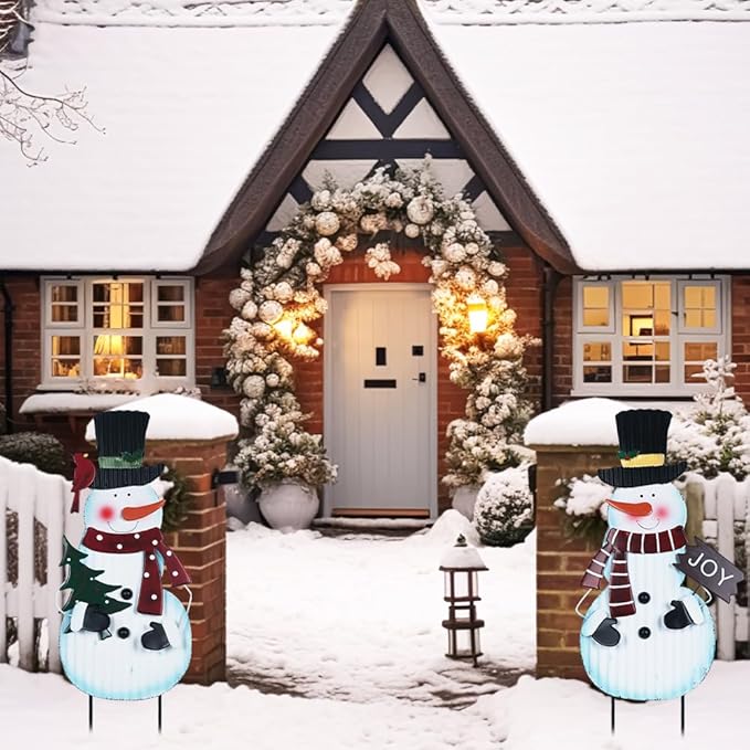 hogardeck Outdoor Christmas Decorations for Home, 2 Pcs Metal Snowman Decorative Garden Stakes with Joy for Christmas Decor, Yard Signs for Garden Home Lawn Patio