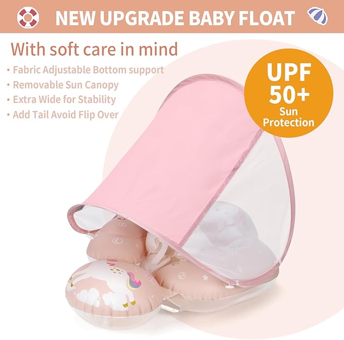 Free Swimming Baby Infant Pool Float with Sun Canopy Inflatable Baby Swimming Floatie with Sponge Safety Bottom Support Water Toys Swimming Trainer (Pink, Small)