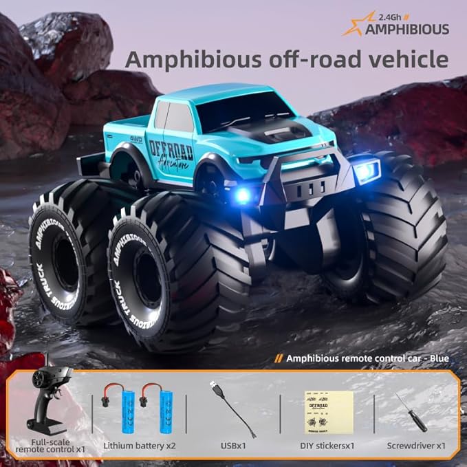 1:18 Scale Amphibious LED RC Car ，2.4GHz All 20 Km/h Off Road Terrain Remote Control Drift Truck, Waterproof Truck for 8+ Year Old Boys Girls Kids Gifts (Blue)