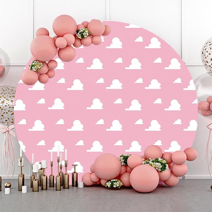 Renaiss 3x3ft Pink Sky White Cloud Round Backdrop Cover Girl Story Cartoon Toy Theme Circle Photography Background Kids Hero Newborn Welcome Baby Shower Birthday Party Decor Arch Photo Booth Props