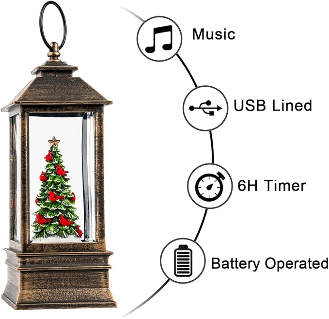 10'' Lighted Christmas Tree Cardinal Music Snow Globe Water Lantern with Swirling Glitter Decoration for Christmas Home, Living Room, Battery Operated or USB Powered