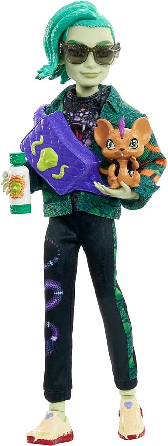 Monster High Deuce Gorgon Doll in Signature Look with Denim Snake Jacket & Accessories, Pet Mouse Perseus