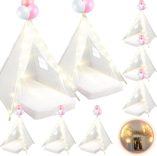8 Pack Sleepover Tent for Girls Party,Teepee Tent for Kids Slumber Party Bulk with Light String,Air Mattress,Fitted Sheet,Washable Natural Cotton Toddler Teepee for Indoor Outdoor(White)