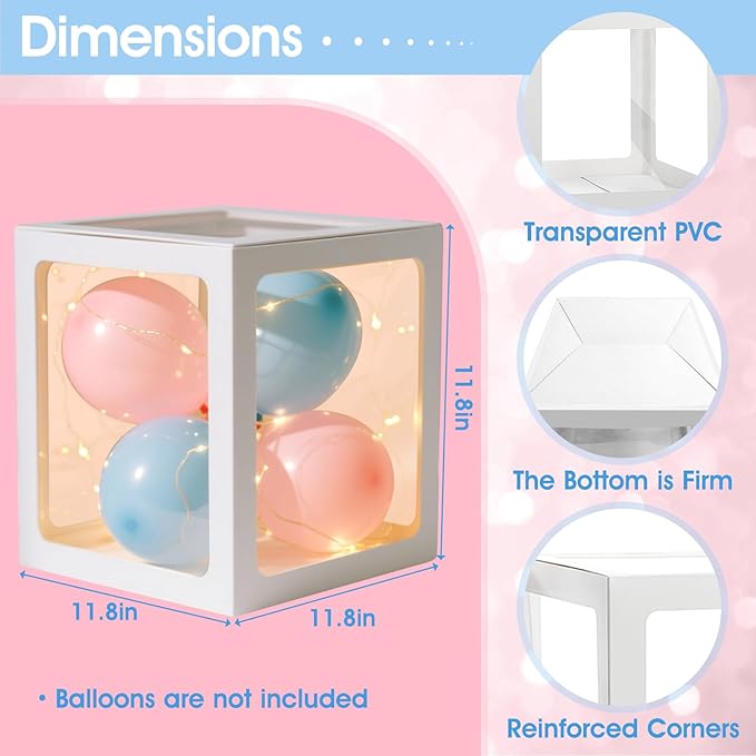 Ledido Baby Boxes with Letters for Baby Shower Decoration, 4 pcs Clear Baby Balloon Boxes Blocks with LED Fairy String Lights 38 Balloons for Boy Girl Gender Reveal Birthday Party (White)
