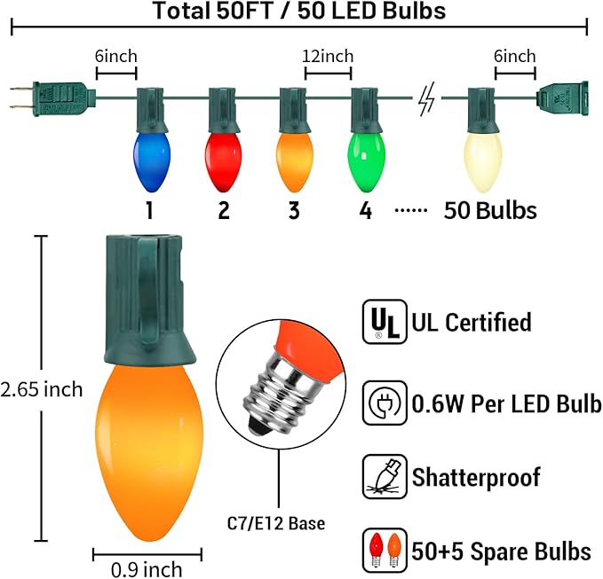 50FT C7 LED Christmas Decorations Lights Outdoor, Multicolor Christmas Lights Green Wire with 50+5 Multicolored C7 LED Light Bulbs, Vintage Decor Light for Xmas Tree Home Yard Party Decor, E12 Base