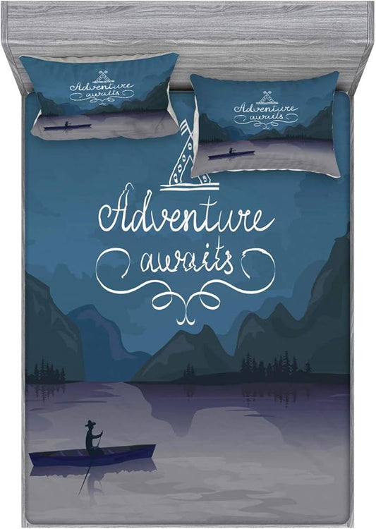 Ambesonne Saying Fitted Sheet & Pillow Sham Set, Kayak in a Mountain Lake at Night Camping Activity Lifestyle Adventure Words, Decorative Printed 3 Piece Bedding Decor Set, Queen, Purple Grey Teal