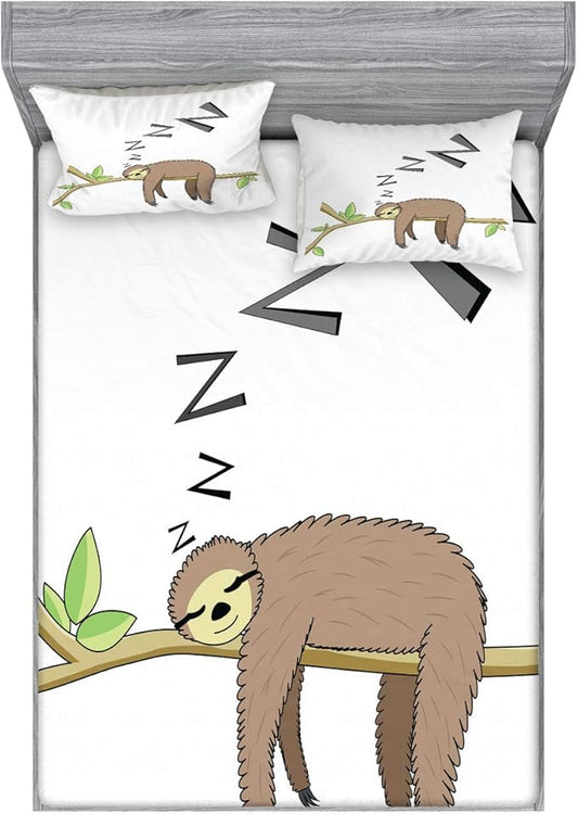 Ambesonne Sloth Fitted Sheet & Pillow Sham Set, Arboreal Mammal Sleeping on Branch in Forest Lazy Mood Resting Relaxing Theme, Decorative Printed 3 Piece Bedding Decor Set, Calking, Grey Green Brown