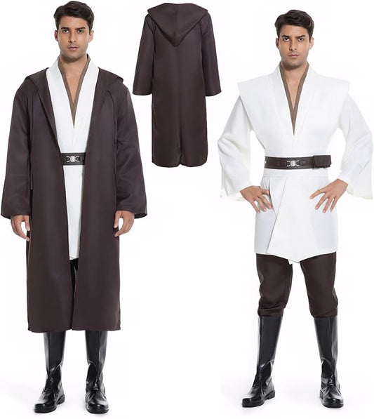 Men's Hooded Robe Tunic Cosplay Costume Knight Cloak Tunic Uniform Pants with Belt Full Set Halloween Outfits