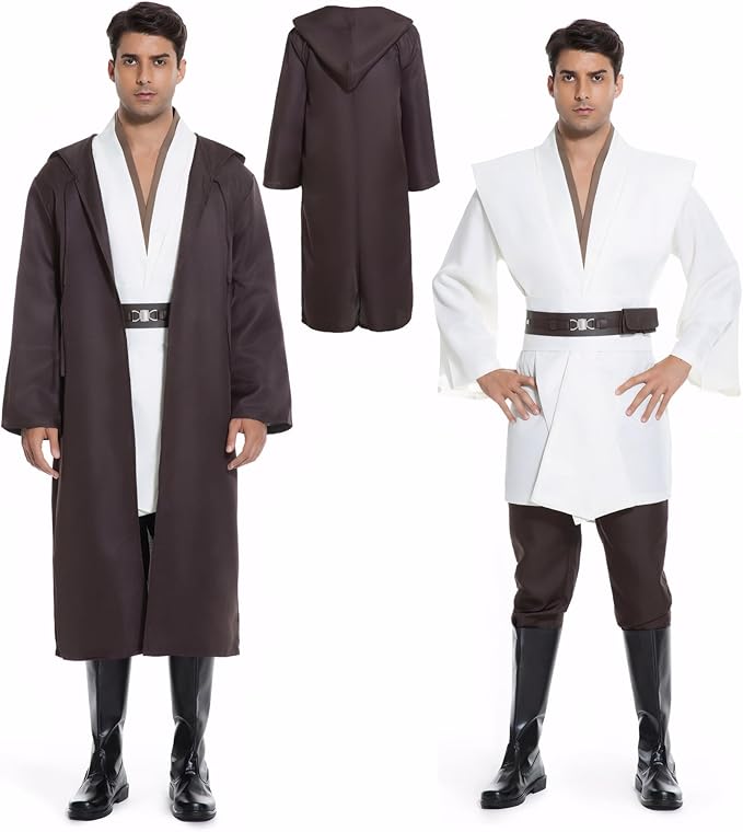 Men's Hooded Robe Tunic Cosplay Costume Knight Cloak Tunic Uniform Pants with Belt Full Set Halloween Outfits