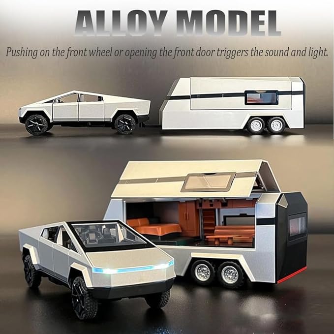Metal Pick-Up Truck Trailer Toy with Motorcycle, Sound/Light/Pull Back/Realistic Interior Exterior, Ideal Toy Car Vehicle Gift (1/32 Grey Pickup Trailer RV)