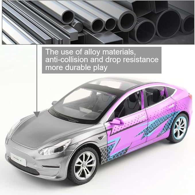 Zinc Alloy Model 3 Car Model,1:24 Scale Simulation Casting car Model Pull Back Diecast Toy Car, Mini Vehicles Toys with Lights and Music for Toddlers Kids Children Birthday Gift(Purple)