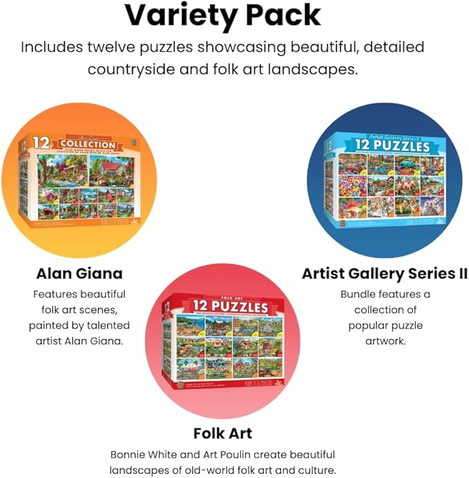MasterPieces – Jigsaw Puzzle 12-Pack Bundle Set, Fun for Adults and Family, Folk Art Collection, (4) Round 100 Piece, (4) 300 Piece, (4) 500 Pieces